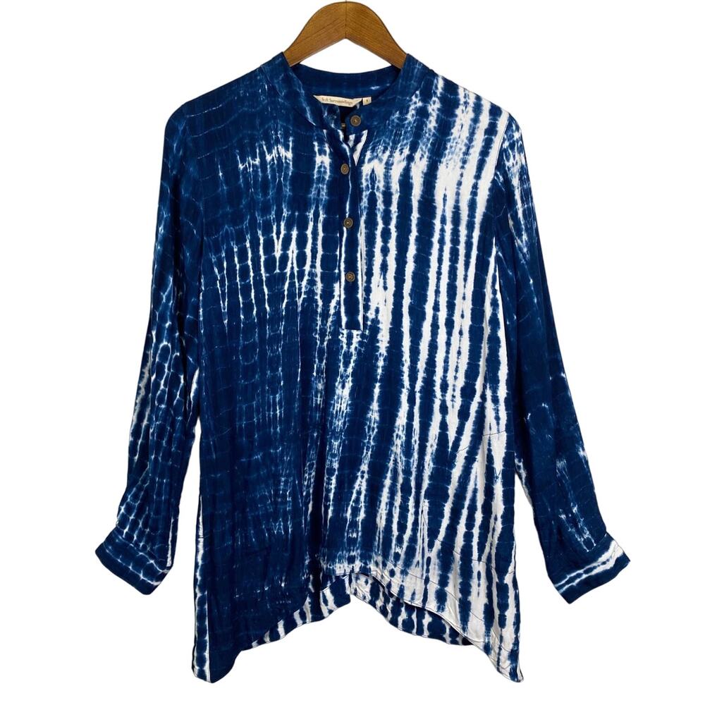 Soft Surroundings Blue Tie Dye Tunic Top Popover Pockets Asymmetrical Hem